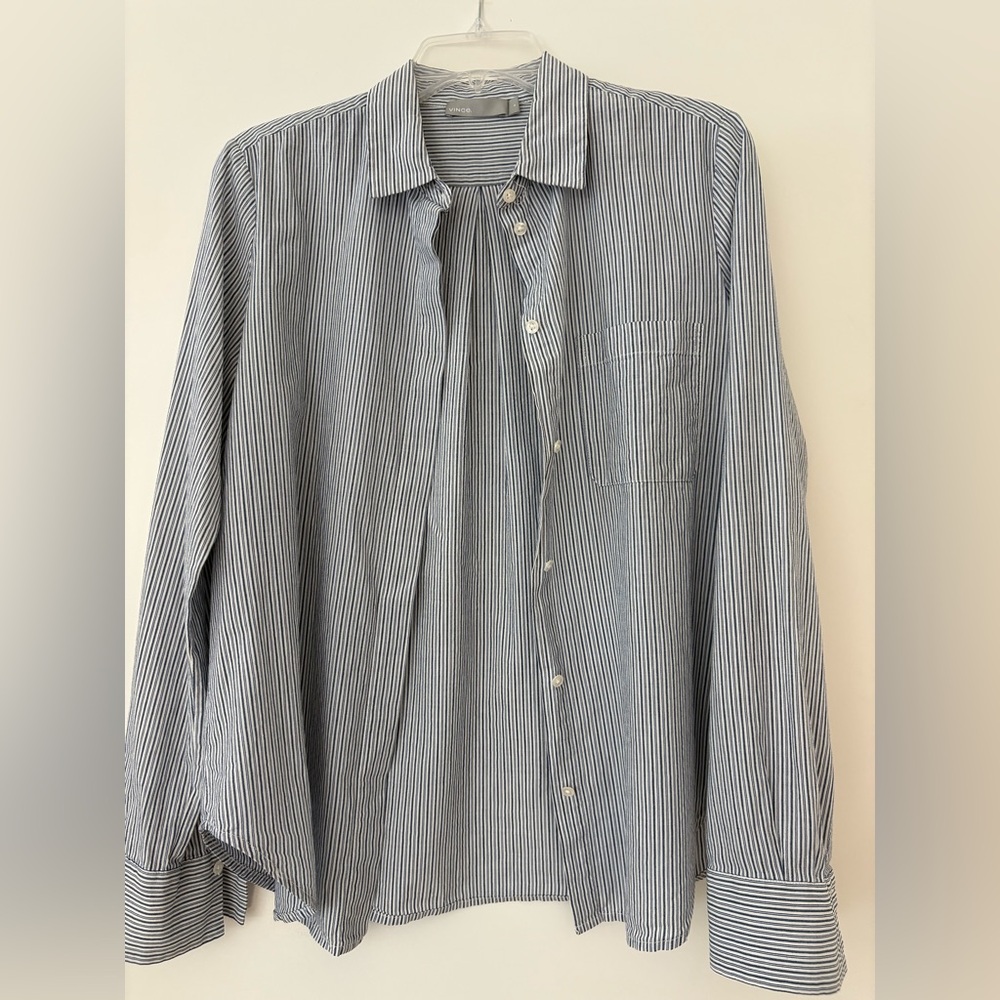 Vince Cotton Blue and White Ticking Stripe Shirt
